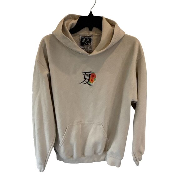 Riot Society Beige Hoodie Medium Kanji Flower Graphic Pullover Unisex - Picture 1 of 7